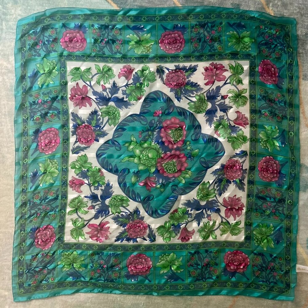 Berkshire Teal Blue Pink Floral Scarf | Vintage Square | Made in Italy 31"x31"